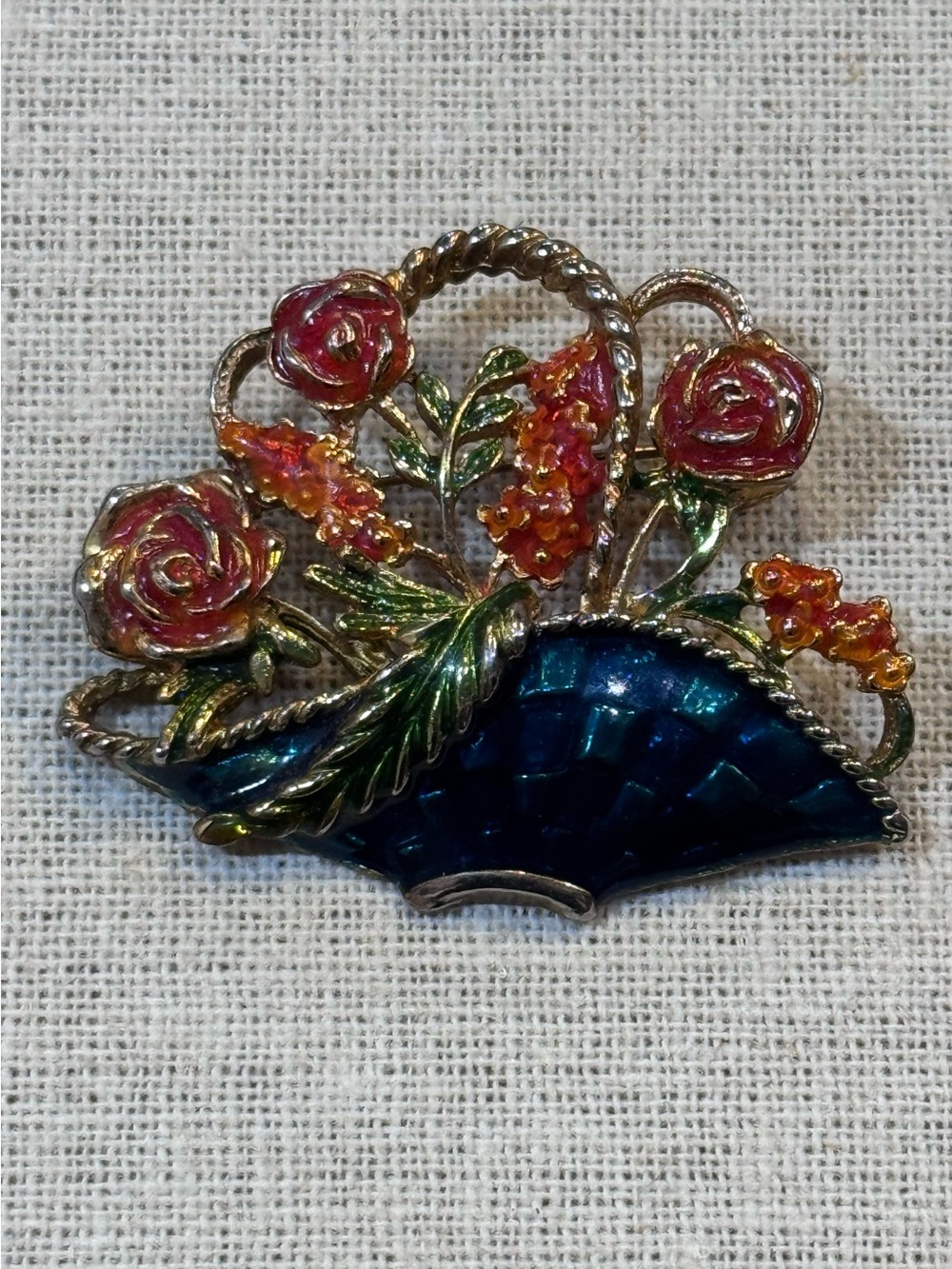 Vintage Blue Enamel Floral Basket Brooch Red Roses Flowers Gold Tone Pin